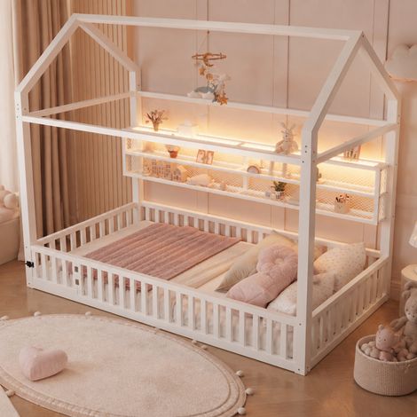 Cama infantil casita 90x200 cm blanca de metal con barrera y LED (1/5)