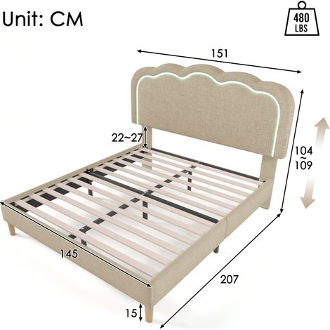 Lit double rembourré LED 140x200 cm, sommier intégré et tête de lit réglable, cadre matelassé beige en lin, literie moderne pour chambre et chambre d'amis, lit adulte avec éclairage (1/5)