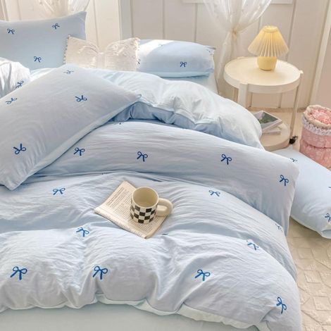 Bettwäsche Set 200x220 cm Blau mit Schleifenmuster, 2 Kissenbezüge 80x80 cm, Mikrofaser