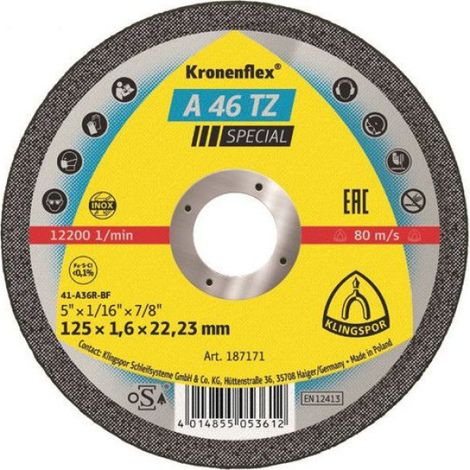 Disque Abrasif - 125 mm - 1 6 mm - Trou Central 22 23 mm - Forme Droite - Vitesse Max 12200 Tr Min - Lot de 1