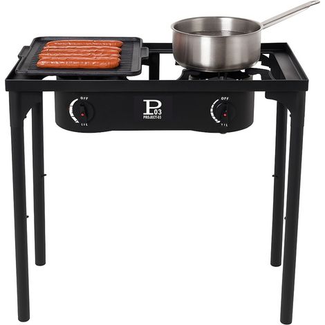 Barbecue grill et réchaud 2 feux 9kW Kit Modulable 2en1 - 2 brûleurs - Plaque Grill , 3 Hauteurs Modulables Piezo INTEC (1/5)