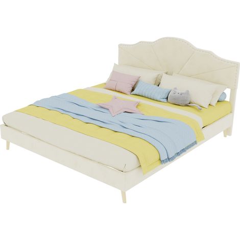 CHICFURN Estructura de cama 160x200 cm beige de tela y metal, cabecero geométrico, colchón incluido (1/5)