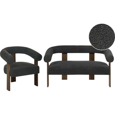 Sofa Set Black and Dark Brown 2 Seater Armchair Boucle Upholstery Retro Design Wooden Legs Living Room ILBRO (1/5)