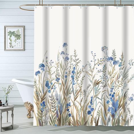 Rideaux de douche bleus pour salle de bain, ensembles de rideaux de douche floraux, rideaux de douche rustiques, rideaux de douche en tissu imperméable - 182,9 x 182,9 cm (avec 12 crochets) (1/5)