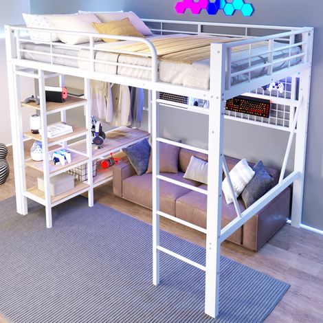 Bett Hochbett Aufbewahrung 140x200 Metall Weiß HAVRYA (1/5)