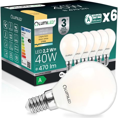6x LED-Lampe E14 Kugel P45 2,2 W 470 lm = 40 W 2700 K warmweiß 360° Glühfaden Klasse A LUMILED
