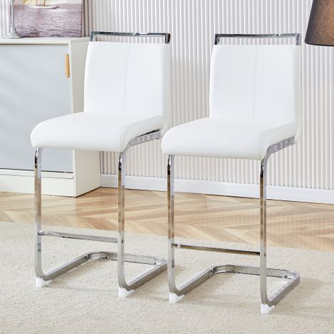 Lot de 2 tabourets de bar en similicuir et métal, avec dossier et repose-pieds, style nordique, blanc et argenté (1/5)