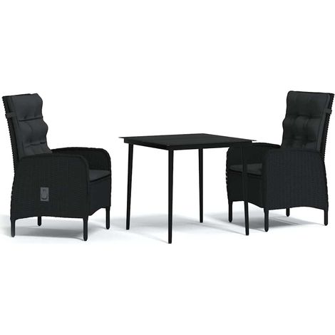 Ensemble repas de jardin table et 2 chaises résine tressée avec coussins noir 3 pièces (1/5)