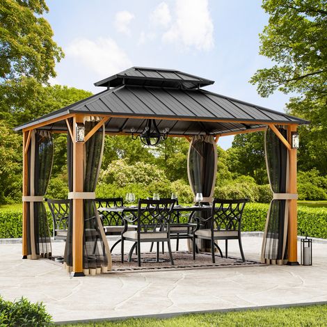 Modern Shade Pavillon 3 x 3.6 m Holz aussehen Wasserdicht Stabil Hardtop Pavillion mit Doppeldach,Gartenpavillon für Hinterhöfe, Gärten und Rasenflächen (1/5)