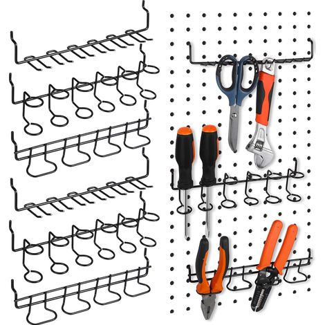 Lot de 6 supports de tournevis en acier inoxydable pour panneau perforé - Crochets utilitaires - Accessoires pour étagères - Porte-outils multi-anneaux pour magasin (noir) (1/5)