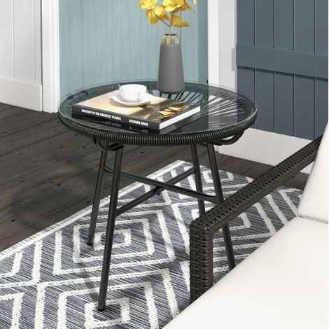 Tavolino da giardino stile bohémien, rattan PE, vetro temperato 50 x 50 x 50 cm, nero, REDOM (1/5)