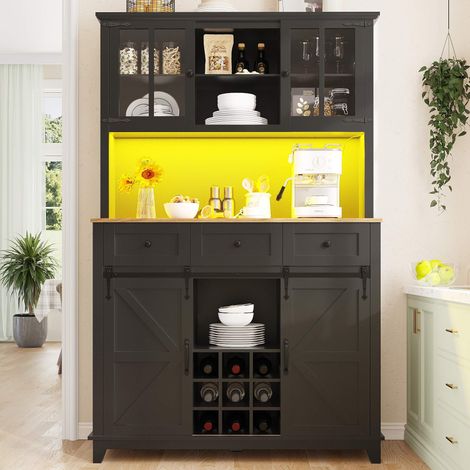 Vitrine haute noire 105 cm avec portes vitrées, éclairage LED réglable, étagères ajustables et rangement multifonction pour cuisine salon (1/5)