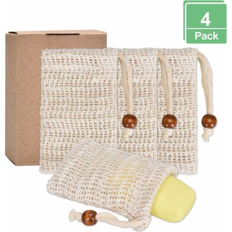 BRAVIX Sachet de savon bio 4 x sacs de savon, sac de savonsisal naturel, résidu de savon biologique durable, filet de savon sans plastique pour gommage corporel (1/5)