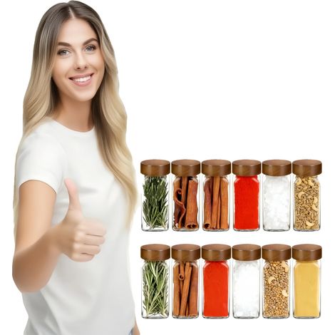 Juego de tarros para especias, tapas de madera de acacia, etiquetas herméticas, 12 piezas. (1/2)