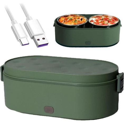 Boîte repas chauffante électrique 800 ml, lunch box USB portable avec 2 compartiments inox amovibles, verte (1/5)