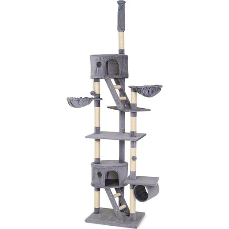 lionto Kratzbaum mit Deckenspanner, 230-250 cm großer Aktivitätsturm mit 2 Höhlen, 2 Liegemulden, Treppen & Spielbällen, hellgrau (1/5)