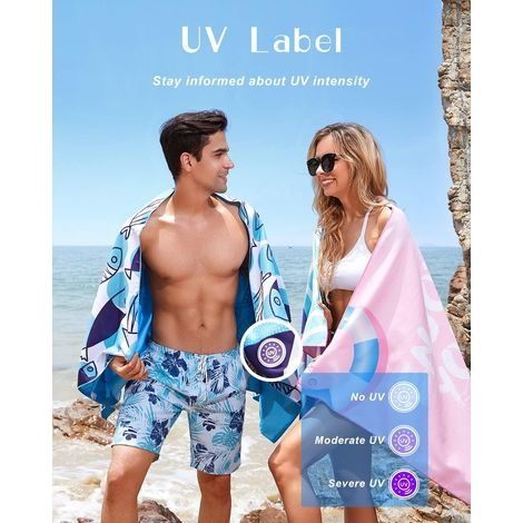 Strandtuch mit UV-Schutzetiketten, Strandmatte, Mikrofaser, sandabweisend, schnelltrocknend, mit elastischem Kordelzug, 150 × 75 cm, mit kleinem Fischmotiv (1/4)