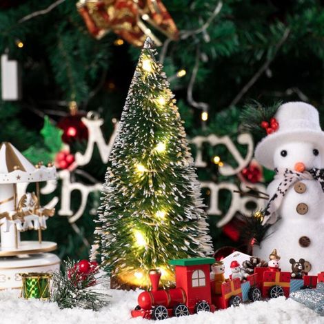 SJLERST Lot de 7 mini sapins de Noël en sisal avec lampe et socle en bois, parfaits pour décorer votre maison ou votre intérieur pendant les fêtes (1/5)