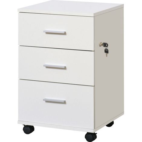 Mobiletto con cassetti, serratura e ruote girevoli, 3 cassetti compatti, 40x40x61,5 cm, colore bianco.
