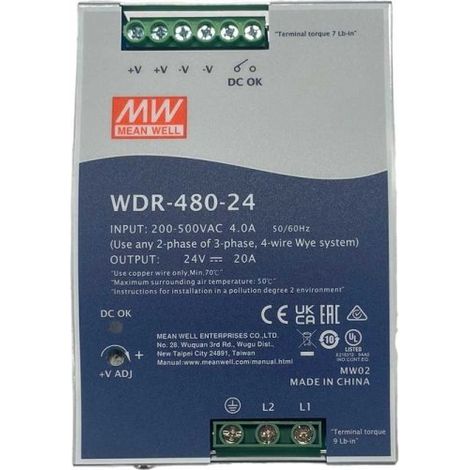 MW MEAN WELL WDR-480-24 Alimentatore Slim DIN Rail 480W 24V 20A Input 180-550V