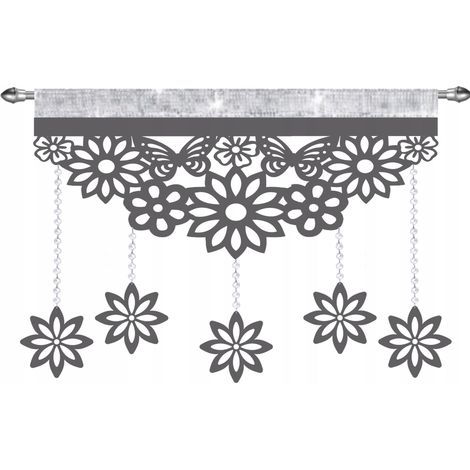 EKRAN moderner, durchbrochener Vorhang, verziert mit Kristallen, Schmetterlingen und Blumen, GLAMOUR grau 140