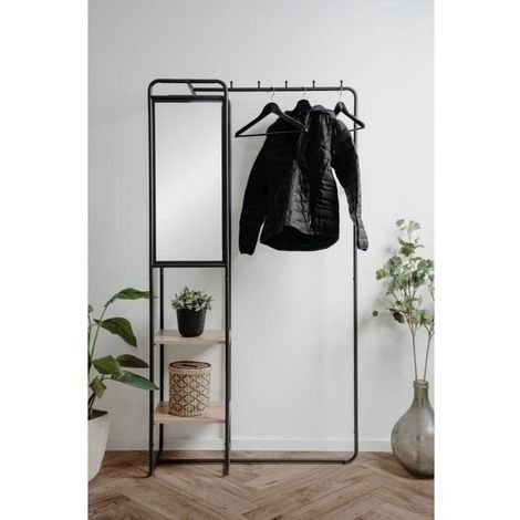 Eingangsmöbel - LUTON - Metallstruktur - Schwarz / Handwerks-Eiche - 100 x 185 x 37 cm - 2 Regale - 1 Spiegel