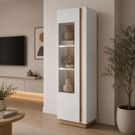 Vitrina Katito, Mueble Expositor 3 Estantes, Una puerta, con LED, 60x40x194h cm Blanco Brillante (1/3)