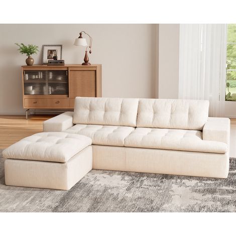 Canapé d'angle beige modulable de  215x175x48cm, repose-pieds amovible, canapé moderne en forme de L Cloud avec assise profonde