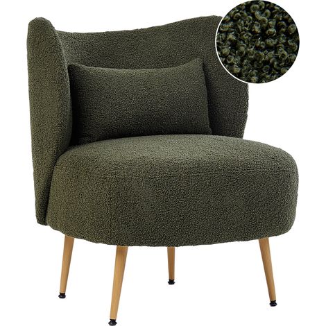Sillón salón respaldo curvo diseño glamuroso tapicería bouclé patas de metal madera clara verde oscuro Otsby II (1/5)