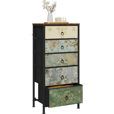 Commode à 5 Tiroirs en Tissu WOLTU, Meuble Rangement Cadre en Métal, 45.5x30x95.5cm, Marron Rustique+Noir+Motif de Fleur Vintage