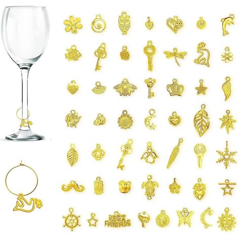 Weinglas Anhänger 50 Stück, Wein Kelch Marker Tags Gold Motiv, Party Deko Geschenke (1/5)