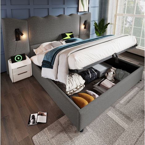 FLORAGRACE Lit coffre adulte 160x200  cm en lin gris avec lampe de lecture rotative, charge USB et USB-C (1/5)
