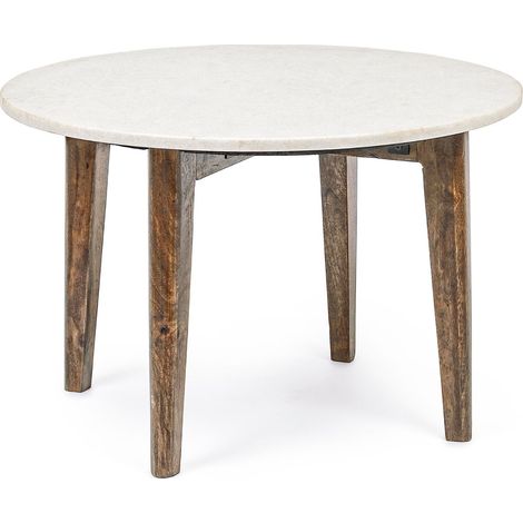 Table basse ronde vintage en manguier et marbre blanc D60 - BLANY (1/5)