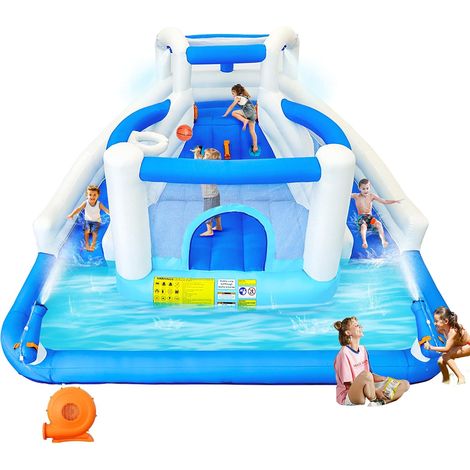 Inflatable Water Playpen with Water Slide, Trampoline, Basketball Hoop and 2 Water Guns, Outdoor Bouncing Castle for Kids, Suitable for Garden and Party (1/5)