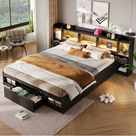 Cama 180x200 con almacenaje en cabecero y pie, 3 cajones, LED y puerto USB, negra DESVIAE (1/5)