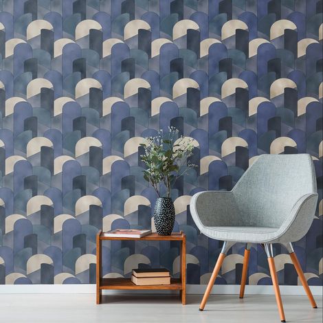 Papier peint géométrique beige & bleu chambre adulte | Tapisserie salon graphique moderne bleu & beige | Papier peint intissé tendance (1/3)