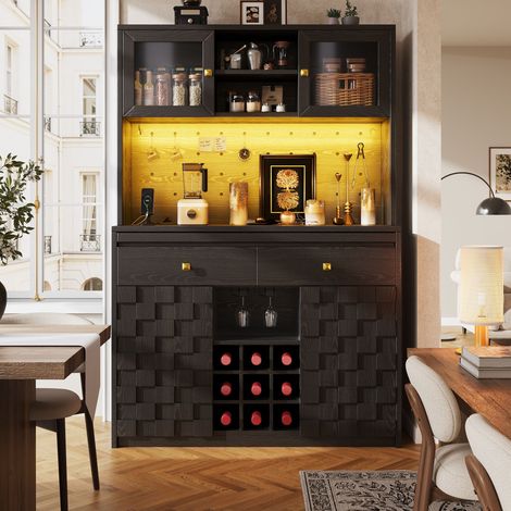Buffet de cuisine multifonction LED 120×40×178cm, meuble de rangement avec façade acrylique, panneau perforé, porte-bouteilles, USB, MDF (1/5)