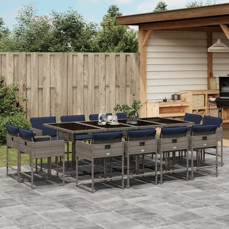13-teiliges Garten-Ess-Set mit Kissen, grau, Polyrattan