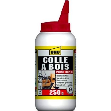 Colle à bois express résistante à l'humidité D2 – Sèche rapidement – Embout de précision – Pour collage bois sur bois – Biberon 250g – UHU