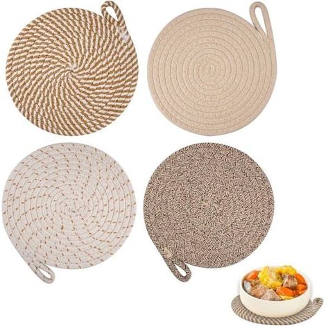 SABIR-4 dessous de verre résistants à la chaleur pour plats chauds, dessous de verre en coton tissé, dessous de verre ronds en fil de coton (1/4)