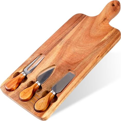 Set 3 Utensili Per Degustazione Formaggi Con Tagliere In Legno D'Acacia