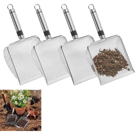 Questo set di quattro setacci da giardino in acciaio inox è dotato di manico e può essere utilizzato come setaccio per compost, setaccio per sabbia, setaccio per terriccio, ecc. Le dimensioni delle ap (1/5)