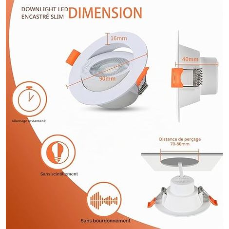 LED Spot Encastrable, Encastré Lampe Plafonnier Plat Rond, Lampe Plafond Orientable 40°, 650LM, 3000K Blanc Chaud, AC 220-240V, Spot de Plafond Angle 120° (1/3)