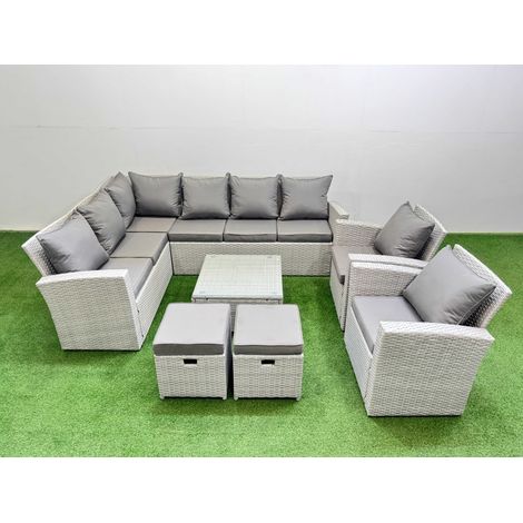 Fimous Outdoor Rattan Garden Furniture Set 10 Seater Corner Sofa Sets with Square Coffee Table Chair 2 Small Footstool Light Grey Mixed (1/5)