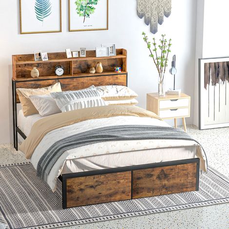 Industrial Double Bed Frame, 4.6FT Steel Bed Base with Storage Headboard, Footboard, Slatted Support and Under Bed Storage, 141 x 207cm, Rustic Brown