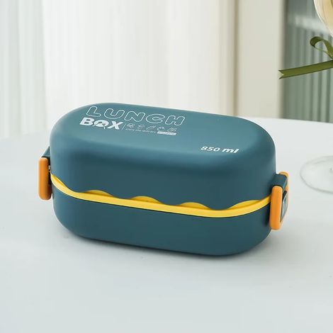 (Bleu) Boîte à lunch à double couche, compatible avec le micro-ondes, boîte bento en plastique, étanche. (1/2)