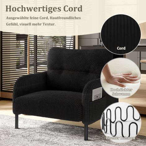 Fauteuil velours moelleux, assise profonde confortable, accoudoirs avec poches latérales, structure bois solide, salon cosy, chambre détente ou bureau relax (1/5)