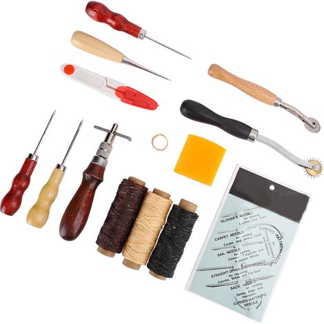 Set aus 14 Leder-Handnähwerkzeugen für kreative Hobbys: Fingerhut, Schere, Ahle. (1/5)