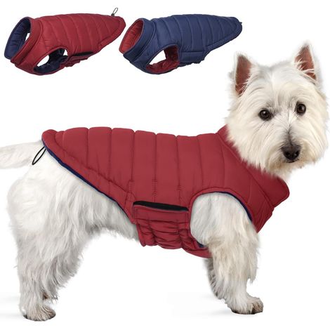 Manteau d'hiver réversible et imperméable pour chien Veste matelassée chaude et coupe-vent avec fermeture par bande auto-agrippante et col montant pour petits moyens et grands chiens (1/5)