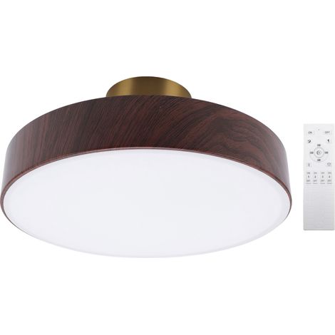 Plafonnier LED moderne luminaire rond minimaliste avec télécommande 3 températures de couleur gradation continue pour salon chambre buanderie bois de noyer